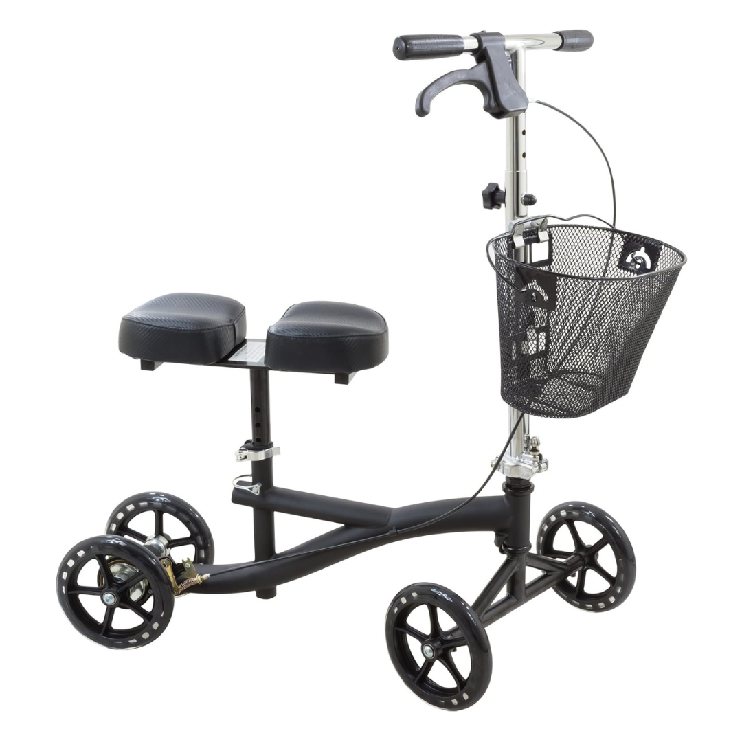 The Roscoe Portable Lightweight Rolling Knee Walker is a black four-wheel scooter featuring a padded knee rest, front basket, handlebars with brake, and provides reliable mobility support during recovery.